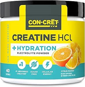 CON-CRET Creatine HCl + Hydration | Electrolyte Powder Tub | Citrus Mango | Sugar Free Electrolytes | Rehydration Formula w Potassium, Sodium, Zinc, Magnesium to Hydrate & Recover (40 serv)