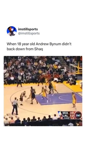 @imstillsports on Instagram: "January 16, 2006, regular-season game: Lakers vs. Miami Heat (Shaq’s first year there). Shaq posterized 18-year-old rookie Bynum with a vicious putback dunk, sending him to the floor. On the next possession, Bynum spun baseline, faked Shaq out, and slammed a monster dunk of his own. Hyped, Bynum sprinted back and accidentally elbowed Shaq; Shaq fired back with a chest shot, sparking a double-technical and a stare-down. Kobe fed Bynum the ball and nodded approval fro