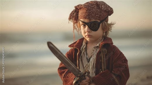 Child dressed as a pirate stands on the beach at sunset holding a sword while wearing a pirate outfit and an eye patch