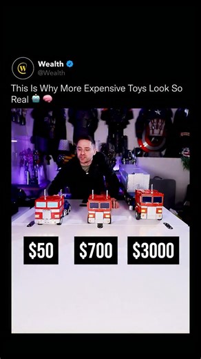 Wealth on Instagram: "The jump from a $50 toy to a $3,000 one is not branding. It is engineering, materials, and manufacturing precision working at completely different levels. 🤖 ⚡️ Lower-cost toys rely on simplified molds, lightweight plastics, and basic articulation to keep production fast and affordable. As the price increases, everything changes. Higher-end models use die-cast metal frames, multi-axis joints, tighter tolerances, and layered paint applications designed to mimic real machiner