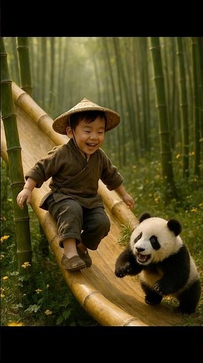 Cute panda playing on a bamboo slide at a magical forest playground