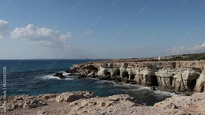 Beautiful view of sea caves near cape Greco in a national park with turquoise water sea in Ayia Napa, Cyprus.