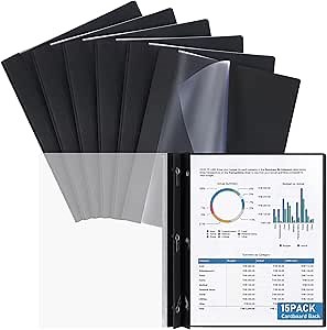 15 Pack 8. 5 x 11 Inches Pressboard Report Cover Clear Front Report Covers with 3-Prong Fasteners for Business Presentation, Resumes, Document, Contract, Proposals, Back to School(Black)