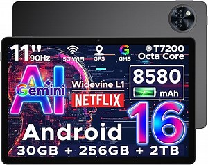 DOOGEE U11 Pro Android 16 Tablet 11 Zoll Gemini AI, 30GB RAM+256GB ROM (2TB TF) 8580mAh, 90Hz Display, Unisoc T7200 Octa Core Tablet PC, 13MP+5MP, WiFi 5/Widevine L1/ GPS/Face ID/OTG [2026]