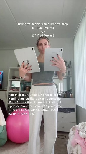 Heres the new Apple iPad Pro with the m5 chip in the 11 inch versus the 13 inch size. Let me know if you want a video on me holding each one and writing with the Apple Pen. Also, which one would you KEEP if you had a macbook air 15”, like to draw, write, read on them, are a nursing student and use garageband/video editing, and also enjoy light gaming? I also am getting the iPad mini a17 for on-the-go, since my iPhone is smaller (regular pro size, not the pro max) ##ipadpro##macbook##iphone17pro#