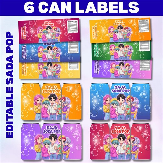 K-pop Soda Can Labels | Saja Boys Kpop PNG | 6 Color Soda Wraps | Birthday Party Favors | Editable Canva Template | Printable Drink Labels - Etsy