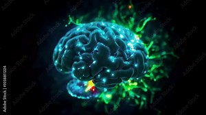 The dynamic motion of the spinning brain is accompanied by bursts of bright shining neurons creating a captivating visual experience