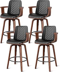 YaFiti Bar Stools with Arms Set of 4, 26 inch Bentwood Swivel Counter Height Bar Stools with Back and Wood Legs, Mid Century Modern Upholstered PU Leather Bar Chairs for Kitchen Island, Black