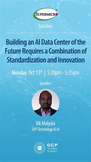 16 reactions | Don't miss the industry's biggest event of the season! Join us at 2025 OCP Global Summit, October 13-16 at the San Jose Convention Center, to explore the future of open compute solutions. Join us for eight presentations with a keynote speech by Vik Malyala, SVP of Technology and AI at Supermicro, dedicated to exploring the requirements for building an AI data center of the future! Join us: https://hubs.la/Q03LDBXW0 #OCP #Supermicro #AMD #Intel #NVIDIA | Supermicro | Facebook