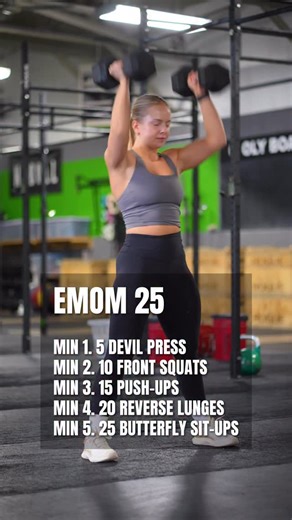 Functional Fitness Workouts on Instagram: "EMOM 25 Minutes  Min 1. 5 Devil Press Min 2. 10 Front Squats Min 3. 15 Push-Ups Min 4. 20 Reverse lunges (10/10) Min 5. 25 Butterfly Sit-Ups Get fit with our new 10-Week Functional Dumbbell Program (v3). Comment ‘DUMBBELL’ below  a to receive a full week of training! #dumbbellworkout #functionalfitness #wod #hiit"