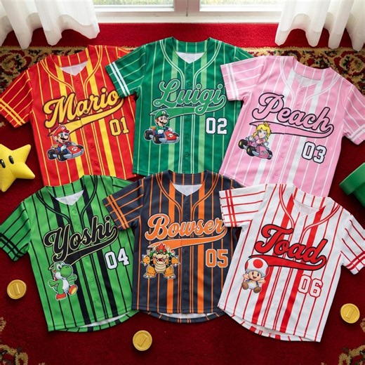 Custom Mario Kart Pinstripe Baseball Jerseys - Mario Luigi Peach Yoshi Bowser Toad Apparel - Etsy