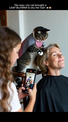 “Cat Barber Blow Dries Lady’s Hair With a Leaf Blower 😂💨”