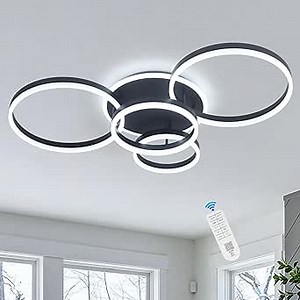 4-Rings Modern LED Chandelier with Remote Semi-Flush Mount Ceiling Light Dimmable 39’’ Black Ceiling Lamp with Remote for Living Room Dining Room (3000K-6500K)