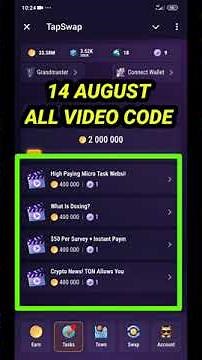 TapSwap Code Today | 14 August All Mission Code | TapSwap Today All Video Code
