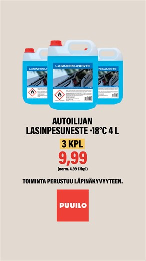 Kun näet ulos tuulilasista, autoilu on mukavampaa ja turvallisempaa. Pyyhkii hyvin -18 asteeseen asti. 12 litraa kympillä. | Puuilo