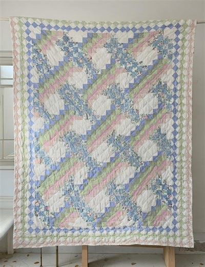 Vintage 1980s Country Lattice Quilt Yellow Floral Blue Prairie Points Queen Size Handmade Bedding - Etsy