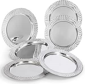 Stainless Steel Elegant Silver Charger Plates Set of 6 - Decorative, Unique Leaf Charger Plates for Dinner Table at Weddings & Parties - Metallic Mirrored Chargers, 13"