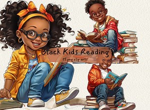Black Kids Reading Printable Clipart, Png Format, Transparent Background, Instant Download, Commercial Use, 300dpi - Etsy