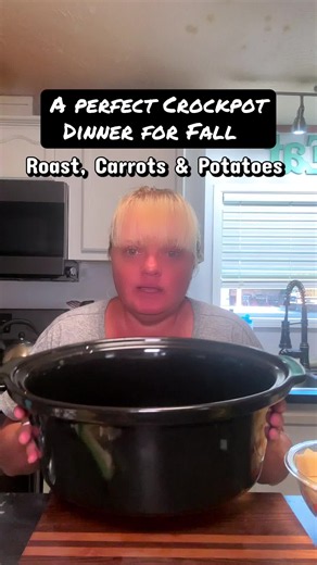 Crockpot dinner recipes are one of my favorite things! Today is one I’ve been making for decades - a simple roast, carrots and potatoes seasoned simply with pepper, garlic, onion, thyme and salt. I use water but you can use beef broth. #crockpotrecipes #fallfood #simplerecipe #cookdinnerwithme