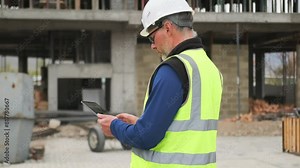 Smart civil engineer using tablet, inspecting and working at construction site next to an unfinished building with beams and scaffolding, mid shot.