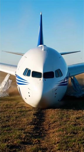 Airplane crash landing in field after engine failure and structural damage