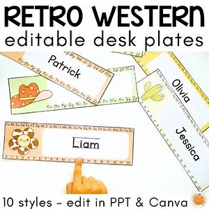 Retro Western Themed Desk Name Tags, Editable Letters & Numbers Desk Tags