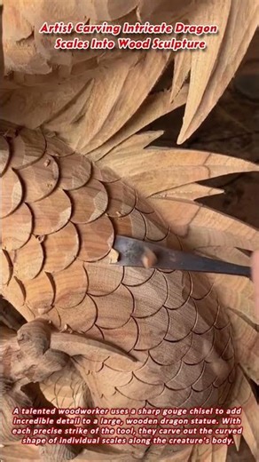 Artist Carving Intricate Dragon Scales Into Wood Sculpture