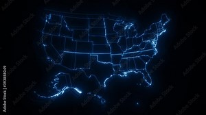 USA American Map Cyber texture By States Animation/ 4k animated simple and minimal cyber american map intro background with states appearing and fading one by one and camera movement