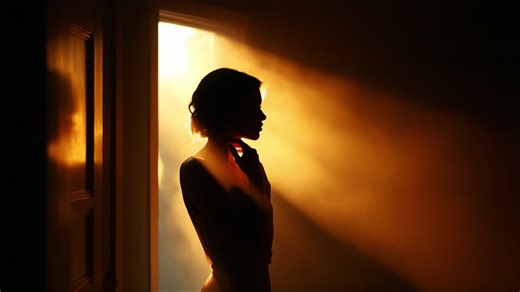 A Captivating Moment of Tranquility and Reflection: A Backlit Silhouette Bathed in Warm Light, Symbolizing Contemplation and Serenity Beyond a Doorway | Premium Stock Video Footage