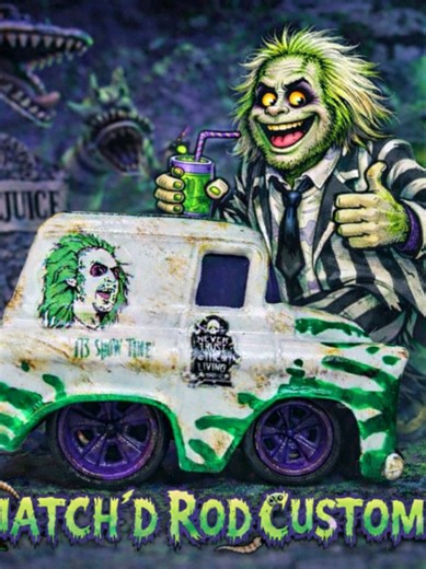 “It’s showtime… say Beetlejuice three times and this custom might appear.” Ghost with the most — on four possessed wheels. Turn on the juice… watch the graveyard shake loose. 🪦⚰️🪲🧃 👣 Squatch’d Rod Customs #cartuned #diecastcustom #diecastcollectors beetlejuice @Tanahara Design @Cartuned