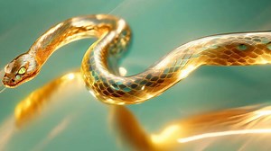 Golden snake with green eyes moves effortlessly, reflecting light in vibrant hues. Its smooth scales shimmer as the creature navigates a bright environment filled with warmth and energy.