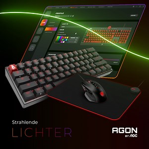 Inszenieren deine eigenen Lichtshows auf allen AOC Peripheriegeräten. Verlasse dich auf das AOC G-MENU, um Effekte zu erstellen, die Farbe zu wählen, den Puls einzustellen und die Helligkeit zu erhöhen. https://bit.ly/3x9I4ce | AGON by AOC
