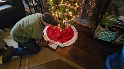 Watch Sparkling Red Sequin with White Faux Fur Tree Skirt on Amazon Live