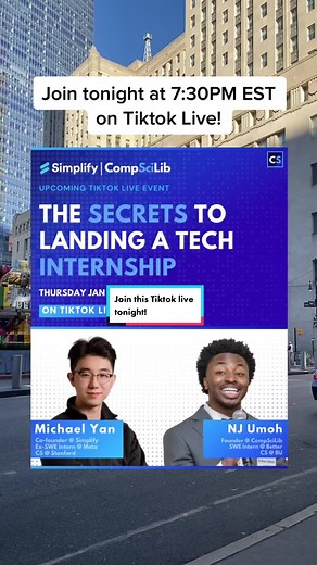Join tonight at 7:30PM EST for internship advice, you DONT wanna miss it! #internships #jobs #computerscience #softwareengineer #tech #resume #linkedin #compscilib #simplify