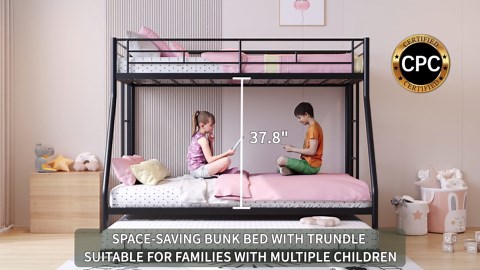 Metal Twin Over Full Bunk Beds with Trundle Bed, UHOMEPRO Twin Over Full Bunk Beds for Kids Adults Teens, Dorm Room Bunkbed with Trundle, 2 Ladders, CPC Certification, No Box Spring Needed, Black