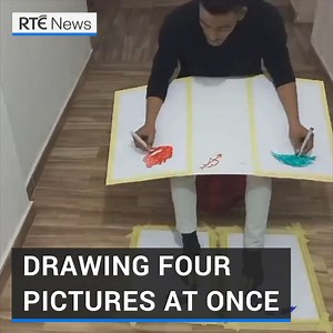 Libyan artist Ahmed Mahmoud Lamin has taken Twitter by storm with a video showing him drawing four separate portraits, using both hands and feet simultaneously | https://bit.ly/3FCQISf | RTÉ News