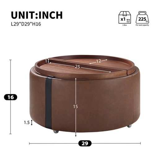 29" Round Storage Ottoman with Caster Wheels, Dual Reversible Lids, Upholstered Modern Coffee Table for Living Room