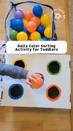 Balls Color Sorting Activity for Toddler This hands-on activity keeps toddlers busy learning and playing simultaneously. It helps develop fine motor skills, gross motor skills, color sorting, and recognition. Suitable for toddlers aged 1-2 years old. #activityforkids #homeschool #smartkids #toddleractivities #toddler #toddlerlearning #ballpitballs #SortingGame | Little Hands DIY