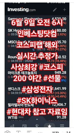 6월 9일 오전 6시 인베스팅닷컴 코스피랩 해외 실시간 추정가 사상최강 #코스피 200 야간 #선물 #삼성전자 #SK하이닉스 #현대차 참고 자료임