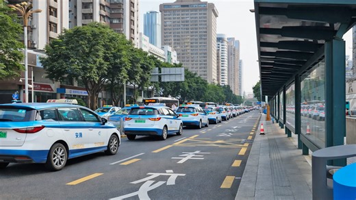 Many Taxis Wait Together Near Bus Stop China