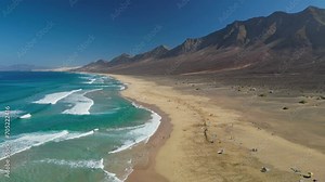 The drone aerial footage of Cofete beach in Fuerteventura Island, Canary Islands, Spain. Playa de Cofete, one of the best beaches in Fuerteventura.
