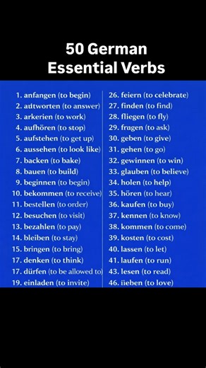 🚀 Willst du dein A2-Deutsch schneller verbessern? Diese 50 wichtigen A2-Verben sind die Basis für echte Gespräche im Alltag. Lerne sie Schritt für Schritt – und sprich flüssiger & selbstbewusster 💬✨ 📌 Speichern und jeden Tag 5 Verben lernen 📤 Teilen mit einem Freund, der Deutsch lernt 👉 Folgen, wenn du täglich einfache Deutsch-Tipps willst ❓ Ja oder Nein? Lernst du gerade Deutsch auf A2-Niveau? #DeutschLernen #A2Deutsch #GermanVerbs #DeutschVokabeln #Deutschlernen | Easygerman01