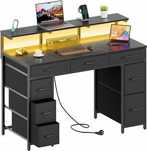 HLDIRECT 47 inch Computer Desk with 8 Drawers, Gaming Desk with LED Lights & USB Power Outlets, Home Office Table with Monitor Stand, Black - Walmart.com