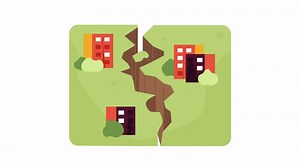 Earthquake natural disaster cartoon animation. Earth quake damage building 4K video motion graphic. Land cracked. Destruction natural hazard 2D color animated scene isolated on white background