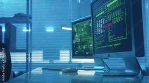 Computer screen with green lines of program codes and red window with access denied warning. Access granted. Computer virus attack, cybercrime, computer hacking attack concept.