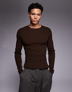 ASOS DESIGN muscle fit long sleeve micro rib t-shirt in brown cotton blend | ASOS