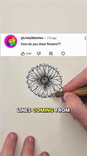 Tap the link in my bio to start the drawing drills course. One of the biggest myths in art is that flowers are difficult to draw. Most of them start with a few simple guidelines. In this flower, all you need is a small circle for the center and a larger circle to establish the length of the petals. From there, every petal is just a long pointed oval radiating outward. The secret is making the overlaps feel random so the flower looks natural instead of perfectly symmetrical. Then comes the textur