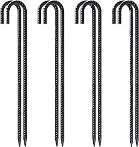 VVOKGO Rebar Stakes 24 Inch J Hook Heavy Duty Ground Anchors (8pcs), 3/8 Inch Diameter Metal Steel Extra Long Fence Stakes with Chisel Point End for Greenhouse, Gazebo, Carport, Camping Tents, Black