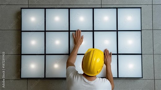 Worker adjusting LED retrofit panels in an industrial warehouse to optimize lighting efficiency and lower electricity consumption.