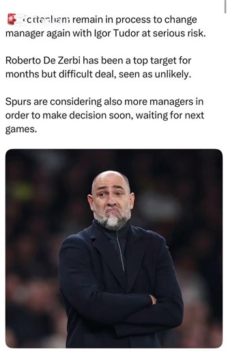 Tottenham remain in process to change manager again with Igor Tudor at serious risk.
